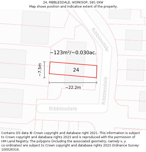 24, RIBBLESDALE, WORKSOP, S81 0XW: Plot and title map