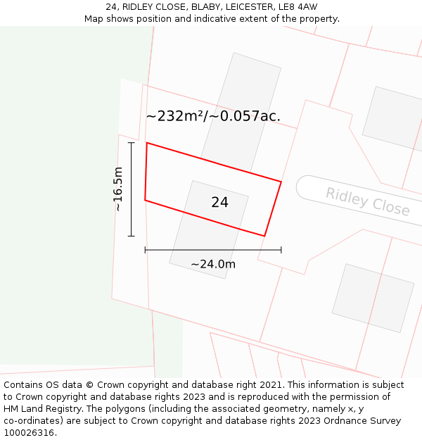 24, RIDLEY CLOSE, BLABY, LEICESTER, LE8 4AW: Plot and title map
