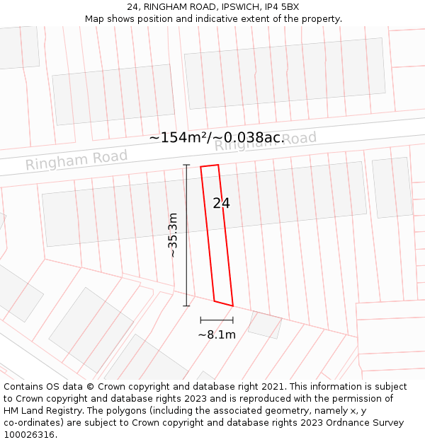 24, RINGHAM ROAD, IPSWICH, IP4 5BX: Plot and title map
