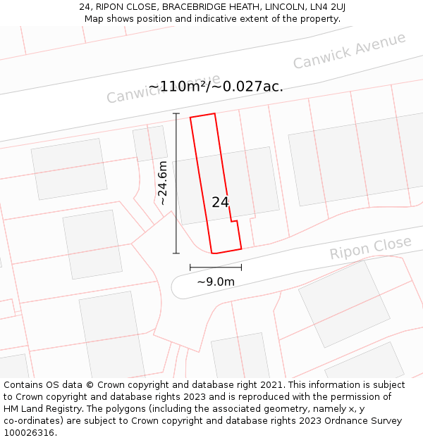 24, RIPON CLOSE, BRACEBRIDGE HEATH, LINCOLN, LN4 2UJ: Plot and title map