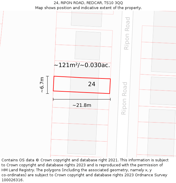 24, RIPON ROAD, REDCAR, TS10 3QQ: Plot and title map