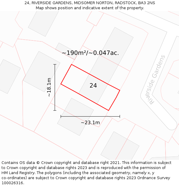 24, RIVERSIDE GARDENS, MIDSOMER NORTON, RADSTOCK, BA3 2NS: Plot and title map