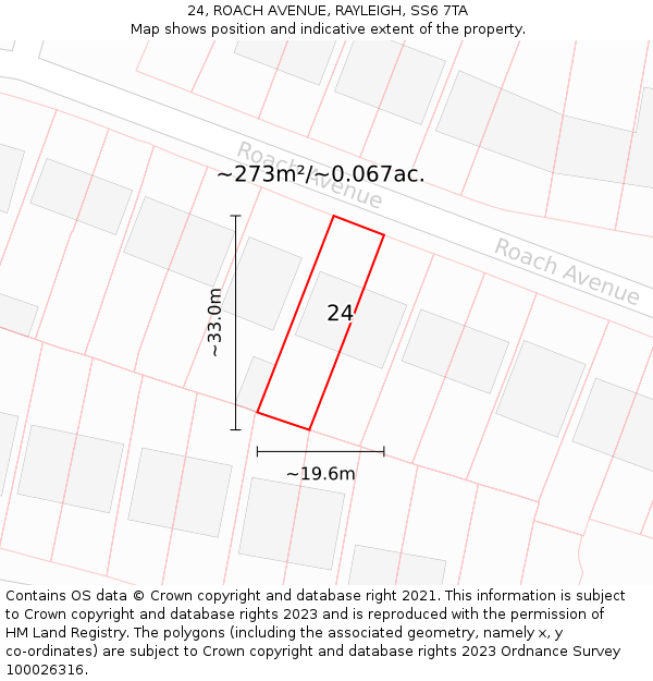 24, ROACH AVENUE, RAYLEIGH, SS6 7TA: Plot and title map