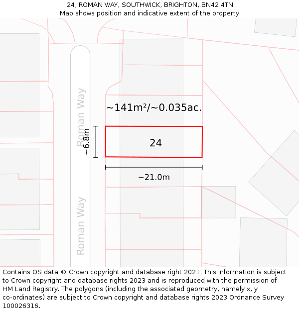 24, ROMAN WAY, SOUTHWICK, BRIGHTON, BN42 4TN: Plot and title map