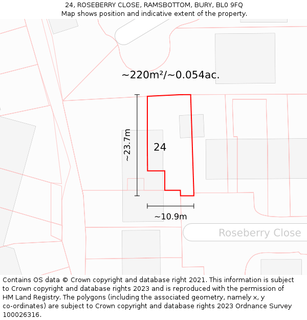 24, ROSEBERRY CLOSE, RAMSBOTTOM, BURY, BL0 9FQ: Plot and title map