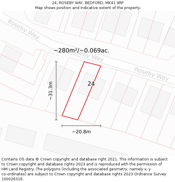 24, ROSEBY WAY, BEDFORD, MK41 9RP: Plot and title map