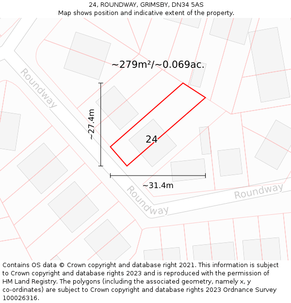 24, ROUNDWAY, GRIMSBY, DN34 5AS: Plot and title map