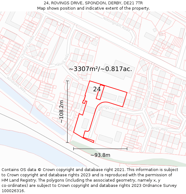 24, ROVINGS DRIVE, SPONDON, DERBY, DE21 7TR: Plot and title map