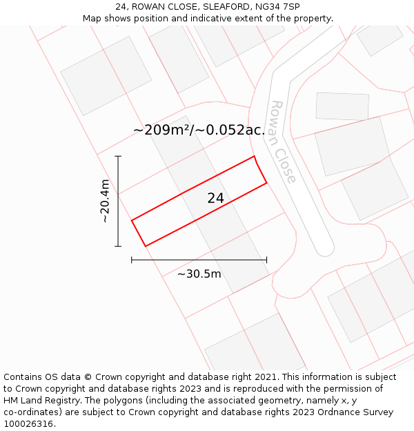 24, ROWAN CLOSE, SLEAFORD, NG34 7SP: Plot and title map