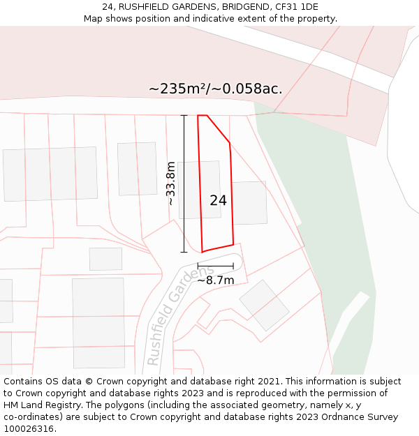 24, RUSHFIELD GARDENS, BRIDGEND, CF31 1DE: Plot and title map
