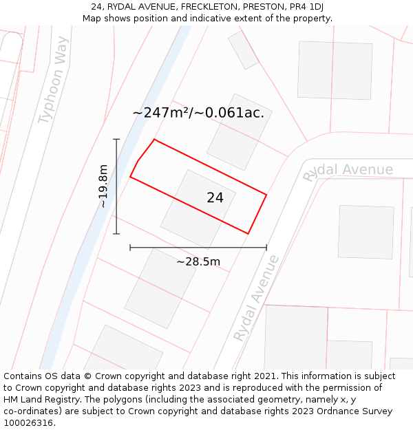 24, RYDAL AVENUE, FRECKLETON, PRESTON, PR4 1DJ: Plot and title map