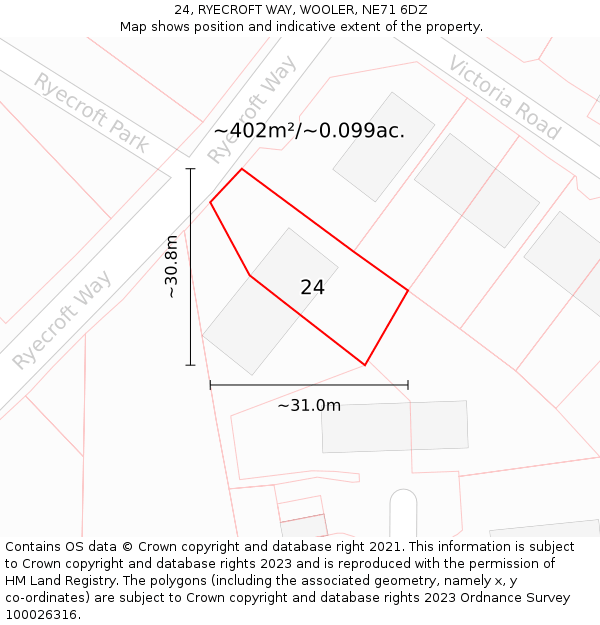 24, RYECROFT WAY, WOOLER, NE71 6DZ: Plot and title map