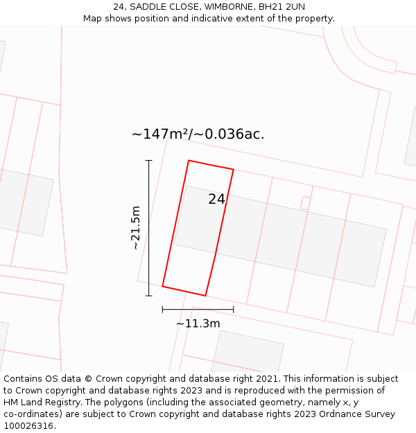 24, SADDLE CLOSE, WIMBORNE, BH21 2UN: Plot and title map