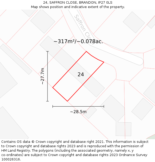 24, SAFFRON CLOSE, BRANDON, IP27 0LS: Plot and title map