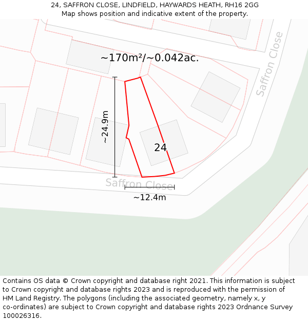 24, SAFFRON CLOSE, LINDFIELD, HAYWARDS HEATH, RH16 2GG: Plot and title map