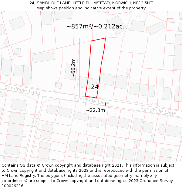 24, SANDHOLE LANE, LITTLE PLUMSTEAD, NORWICH, NR13 5HZ: Plot and title map