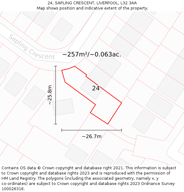 24, SAPLING CRESCENT, LIVERPOOL, L32 3AA: Plot and title map