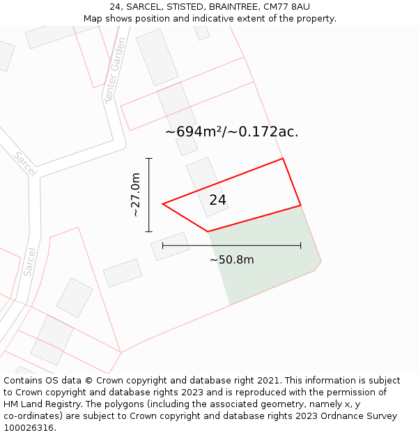 24, SARCEL, STISTED, BRAINTREE, CM77 8AU: Plot and title map