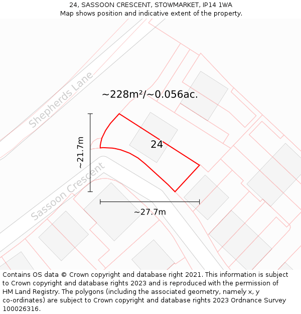 24, SASSOON CRESCENT, STOWMARKET, IP14 1WA: Plot and title map