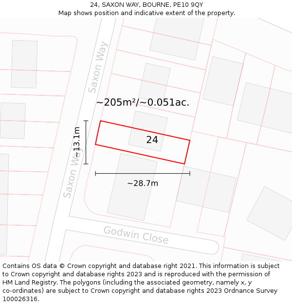 24, SAXON WAY, BOURNE, PE10 9QY: Plot and title map