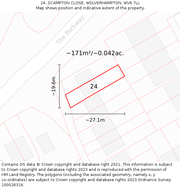 24, SCAMPTON CLOSE, WOLVERHAMPTON, WV6 7LL: Plot and title map