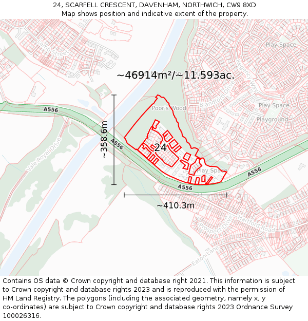 24, SCARFELL CRESCENT, DAVENHAM, NORTHWICH, CW9 8XD: Plot and title map