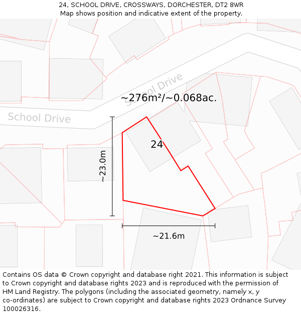 24, SCHOOL DRIVE, CROSSWAYS, DORCHESTER, DT2 8WR: Plot and title map