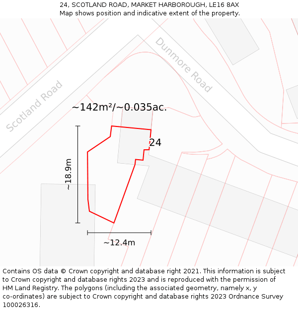 24, SCOTLAND ROAD, MARKET HARBOROUGH, LE16 8AX: Plot and title map