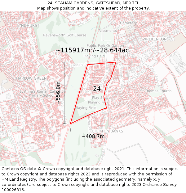 24, SEAHAM GARDENS, GATESHEAD, NE9 7EL: Plot and title map