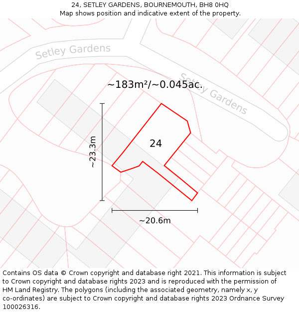 24, SETLEY GARDENS, BOURNEMOUTH, BH8 0HQ: Plot and title map