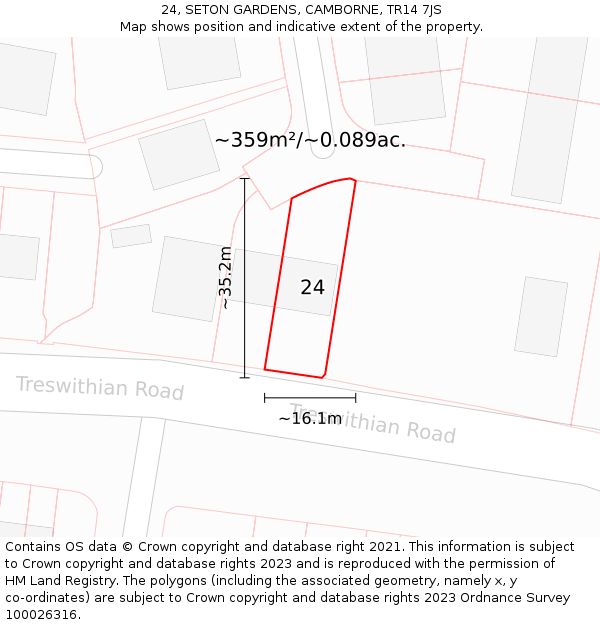 24, SETON GARDENS, CAMBORNE, TR14 7JS: Plot and title map