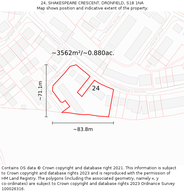 24, SHAKESPEARE CRESCENT, DRONFIELD, S18 1NA: Plot and title map
