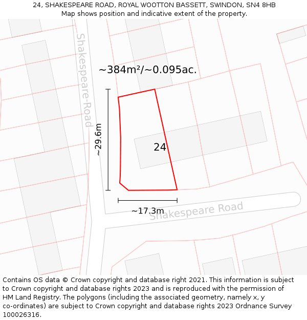 24, SHAKESPEARE ROAD, ROYAL WOOTTON BASSETT, SWINDON, SN4 8HB: Plot and title map
