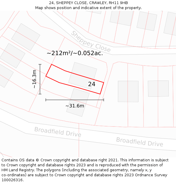 24, SHEPPEY CLOSE, CRAWLEY, RH11 9HB: Plot and title map