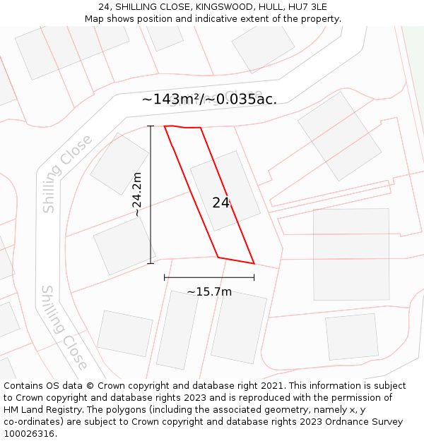 24, SHILLING CLOSE, KINGSWOOD, HULL, HU7 3LE: Plot and title map