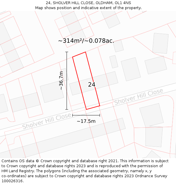 24, SHOLVER HILL CLOSE, OLDHAM, OL1 4NS: Plot and title map