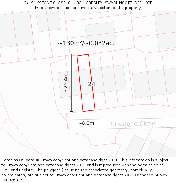 24, SILKSTONE CLOSE, CHURCH GRESLEY, SWADLINCOTE, DE11 9PE: Plot and title map