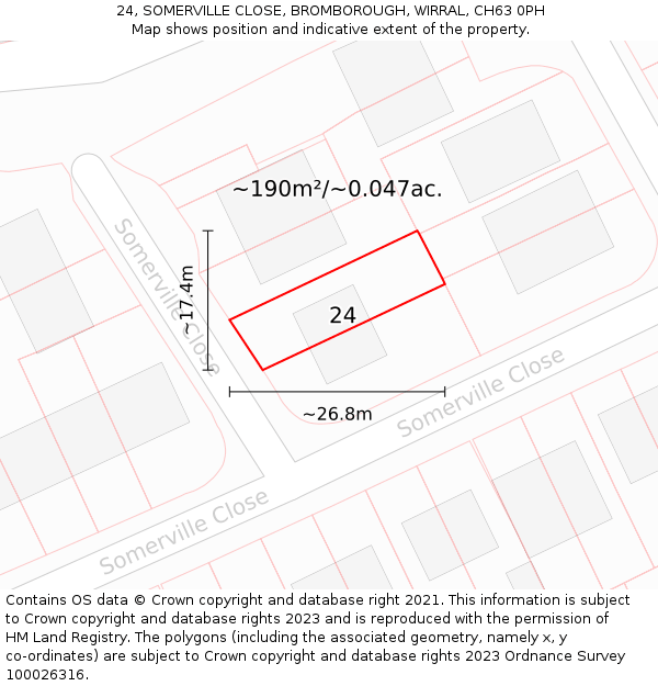 24, SOMERVILLE CLOSE, BROMBOROUGH, WIRRAL, CH63 0PH: Plot and title map