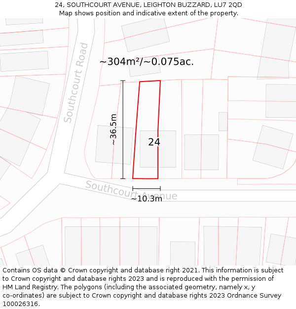 24, SOUTHCOURT AVENUE, LEIGHTON BUZZARD, LU7 2QD: Plot and title map