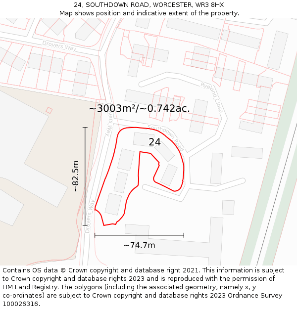 24, SOUTHDOWN ROAD, WORCESTER, WR3 8HX: Plot and title map