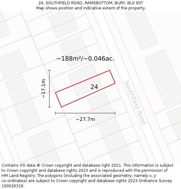 24, SOUTHFIELD ROAD, RAMSBOTTOM, BURY, BL0 9ST: Plot and title map