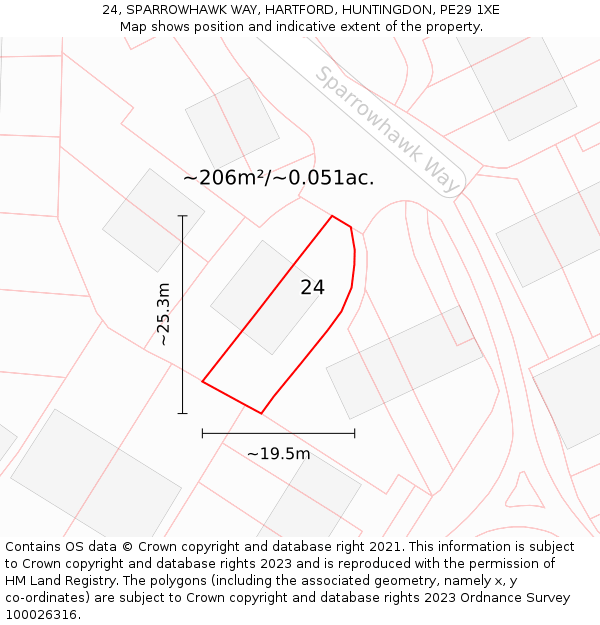 24, SPARROWHAWK WAY, HARTFORD, HUNTINGDON, PE29 1XE: Plot and title map
