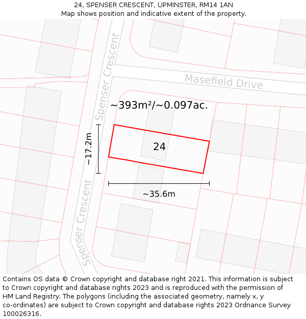 24, SPENSER CRESCENT, UPMINSTER, RM14 1AN: Plot and title map