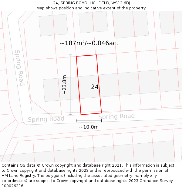 24, SPRING ROAD, LICHFIELD, WS13 6BJ: Plot and title map