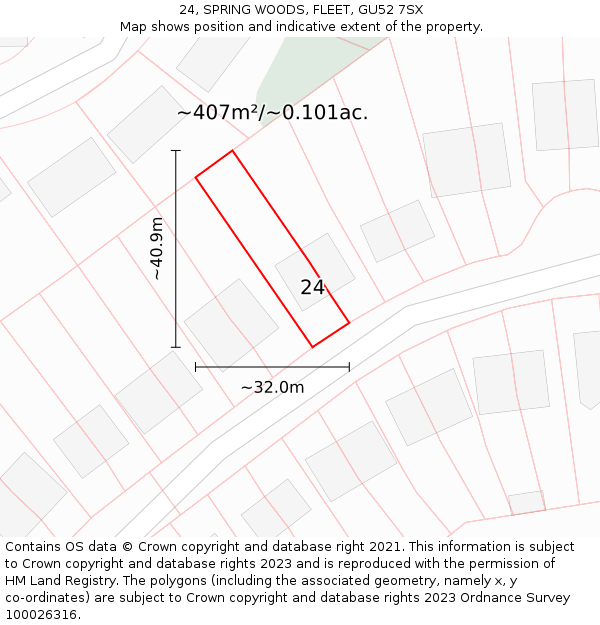 24, SPRING WOODS, FLEET, GU52 7SX: Plot and title map