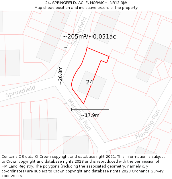 24, SPRINGFIELD, ACLE, NORWICH, NR13 3JW: Plot and title map