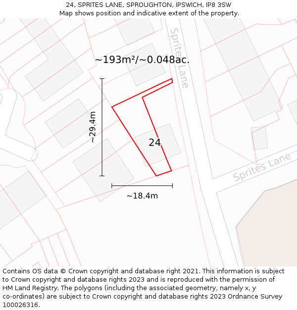 24, SPRITES LANE, SPROUGHTON, IPSWICH, IP8 3SW: Plot and title map