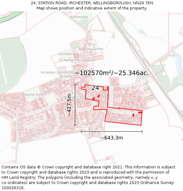 24, STATION ROAD, IRCHESTER, WELLINGBOROUGH, NN29 7EN: Plot and title map