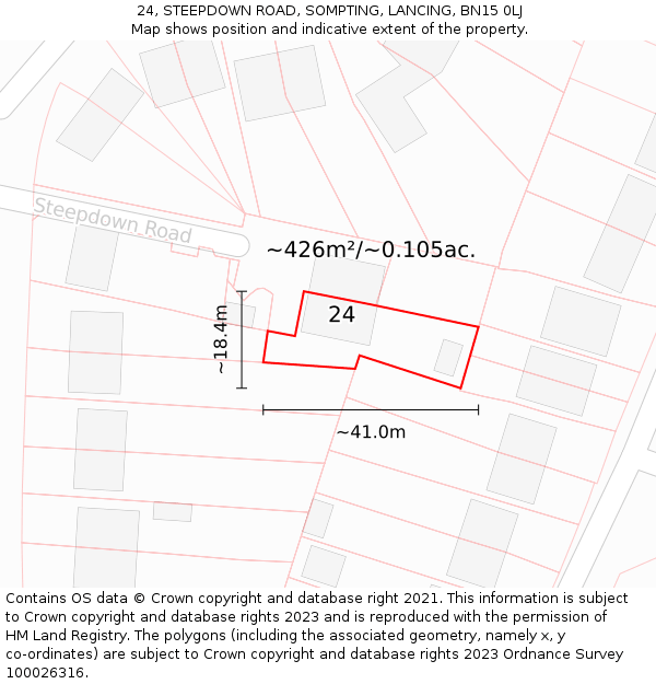24, STEEPDOWN ROAD, SOMPTING, LANCING, BN15 0LJ: Plot and title map