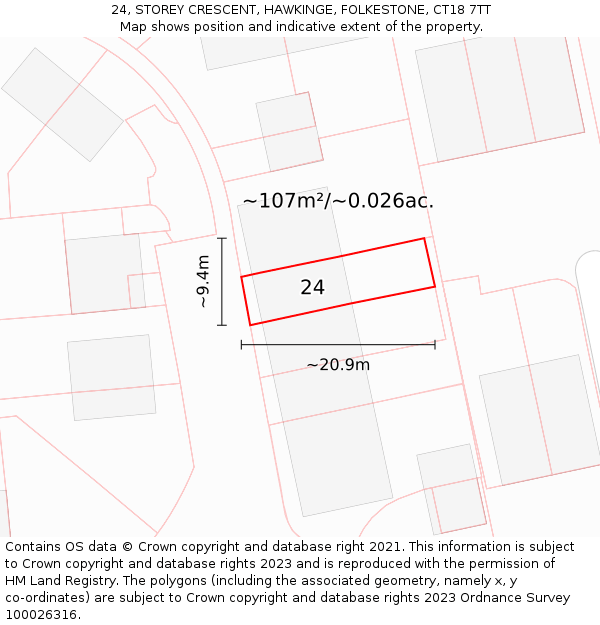 24, STOREY CRESCENT, HAWKINGE, FOLKESTONE, CT18 7TT: Plot and title map